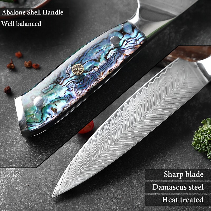 Damascus kitchen knife with abalone shell handle